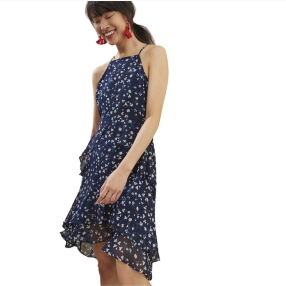 Banana Republic  Navy Blue White Floral Ruffle Tiered Halter Midi Dress